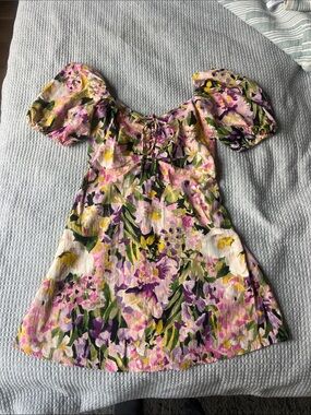 H&M Floral Puff-Sleeve Mini Dress — Pink, Purple & Green